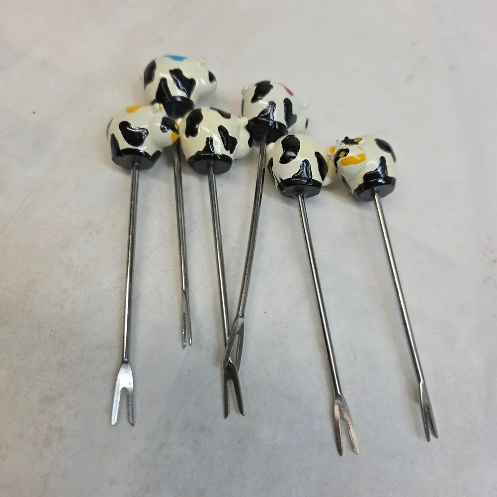 READA Boska Cow Party Pick Set White Black Ceramic Cheese Appetizer Tools 7pc